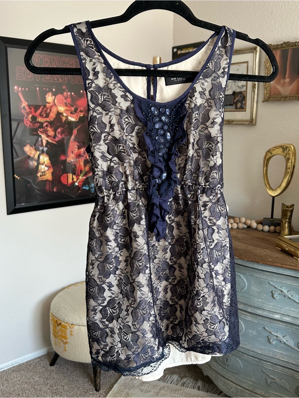 Vintage Y2K Babydoll Top S Lace Overlay Ruffle Rhinestone McBling Miss Me Preppy